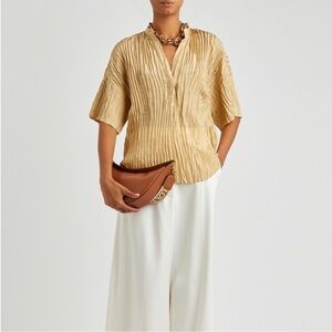 Vince 100% Silk Blouse Gold Size M Quiet Luxury Minimalist Lightly Pleated
